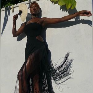 Meshki Yasmin Wrap Over Midi Dress with Fringing